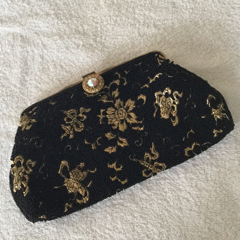 Beaded Clutch Bag Black with Gold Flowers VINTAGE